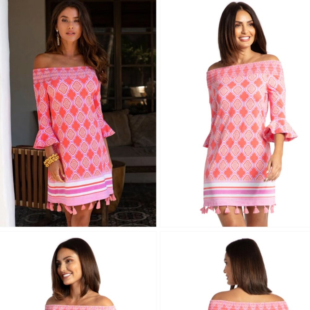 Cabana Life Coral Geo Off The Shoulder Dress UPF50+